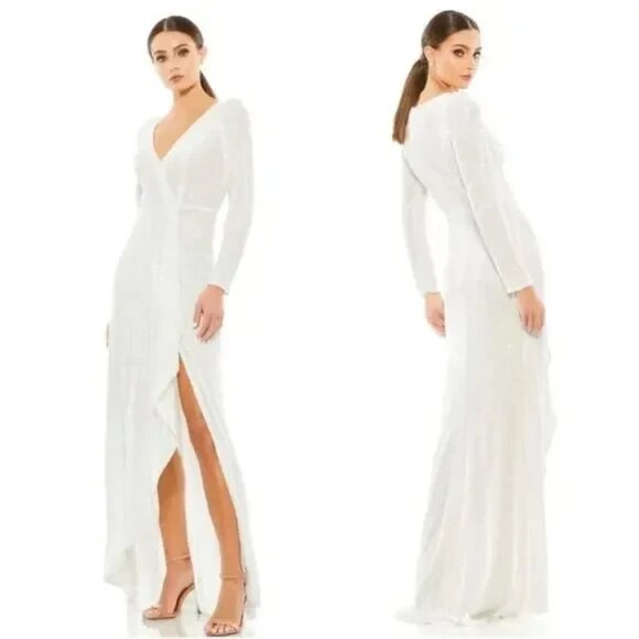 Mac Duggal 26395 Long Sleeve Sequin Wrap Gown white Size 8,12 - Picture 1 of 2